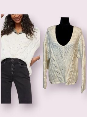 Anthropologie Ramona Cable Knit Sweater Chunky V-Neck Cream Alpaca Size Large